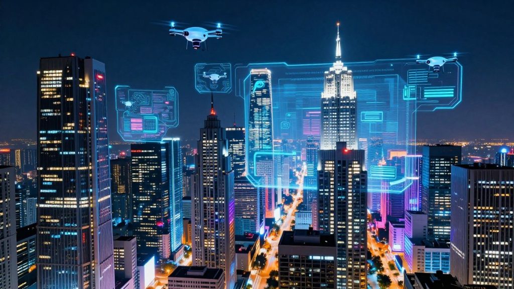 Futuristic cityscape with advanced technology and neon lights.