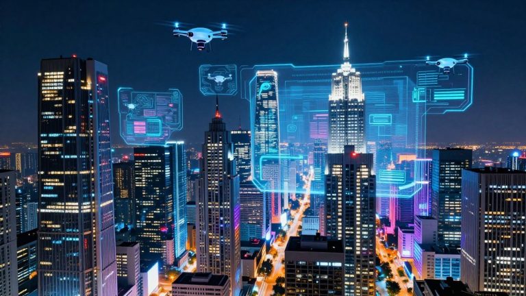 Futuristic cityscape with advanced technology and neon lights.