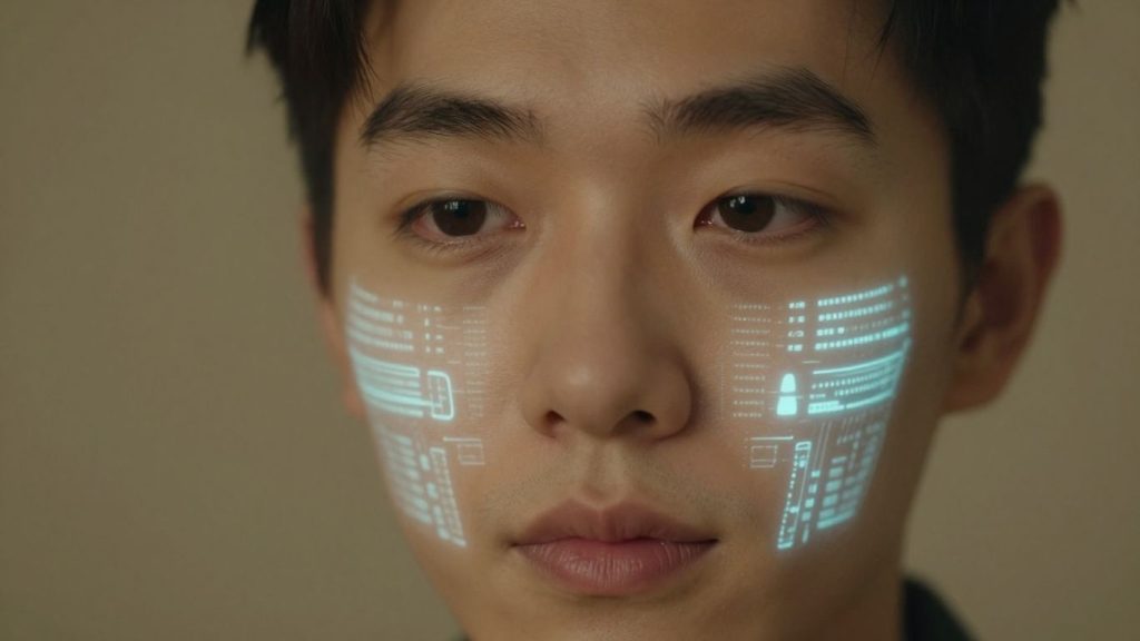 Human face with digital patterns, AI integration.