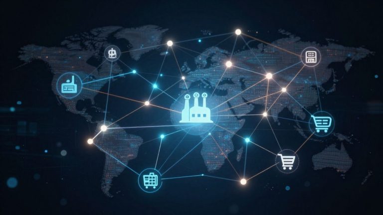 Abstract blockchain network connecting diverse industry icons.