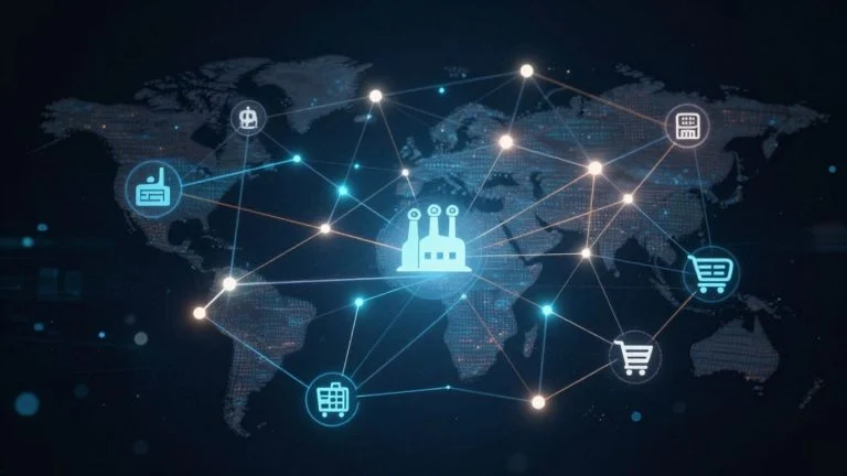 Abstract blockchain network connecting diverse industry icons.