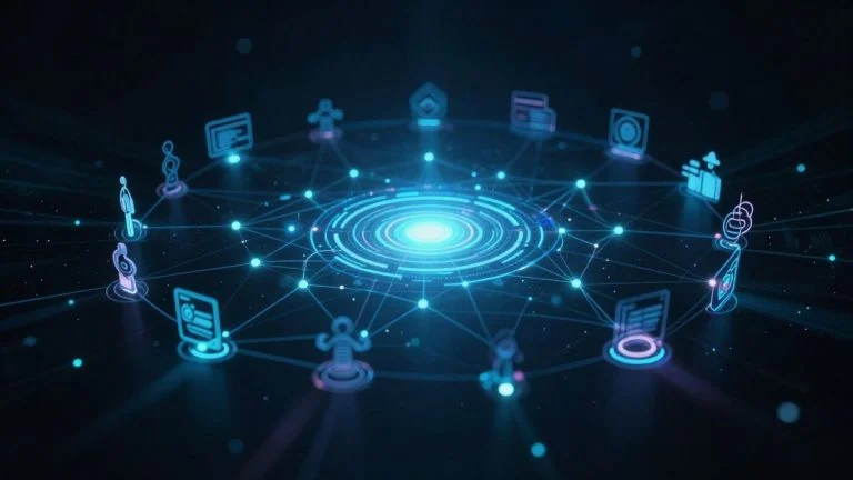 Digital network with glowing lines and abstract shapes.