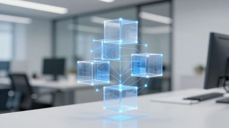 Blockchain network structure floating above a desk.