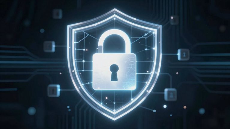 Blockchain securing digital data with a padlock.