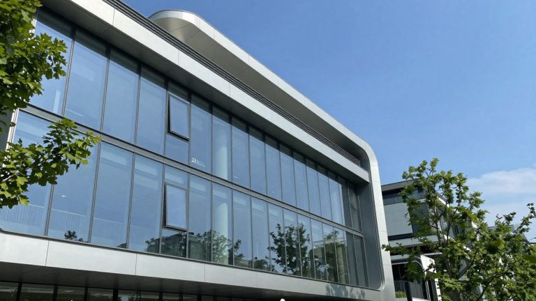 MIT building exterior with glass and metal architecture.
