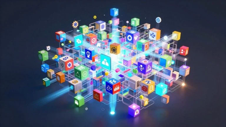 Interconnected digital blocks with diverse application icons.