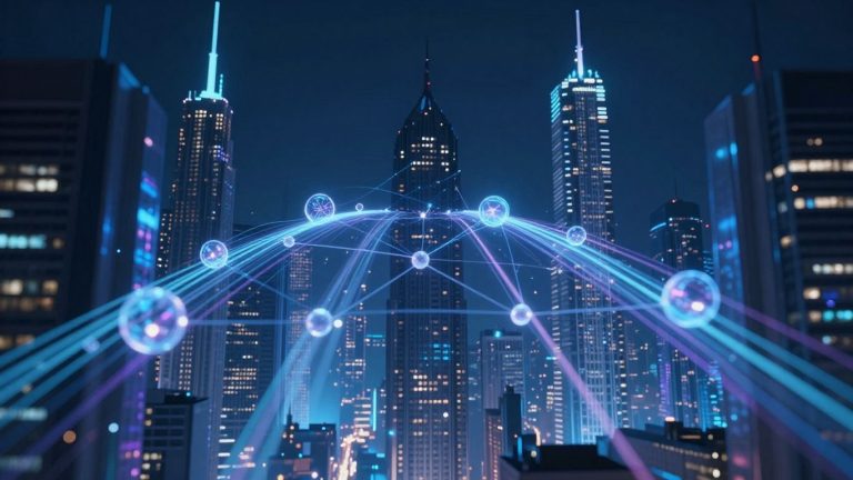Futuristic cityscape with blockchain network