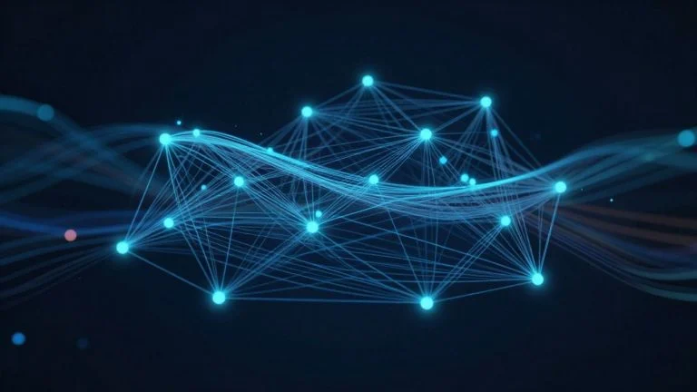 XRP Ledger network visualization with glowing nodes and data streams.