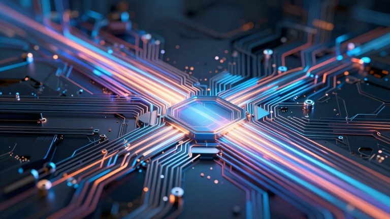 Futuristic technology with circuits and light trails.