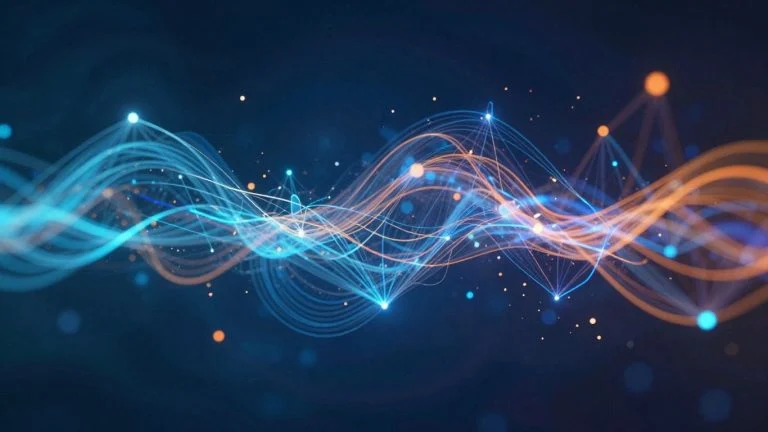 Abstract digital landscape with interconnected nodes and flowing light.
