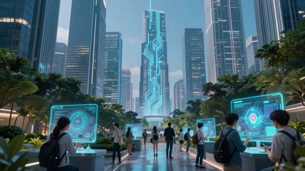 Futuristic cityscape with AI integration and people.