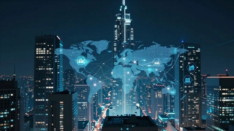 Blockchain transforming industries with interconnected digital networks.