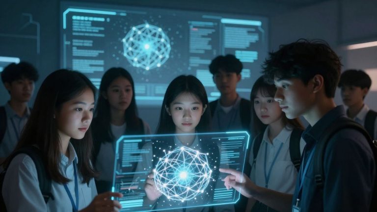 Students interacting with AI technology in a classroom.