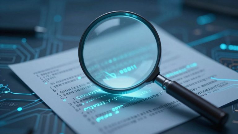 Magnifying glass over document, revealing code.