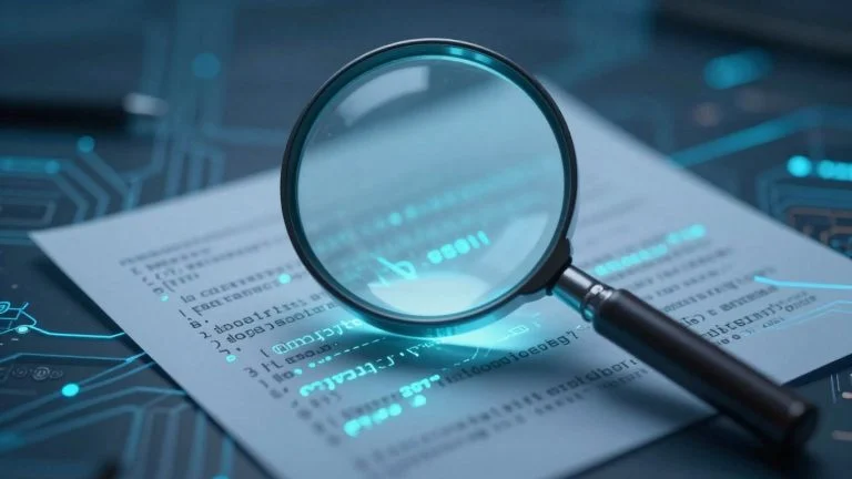 Magnifying glass over document, revealing code.