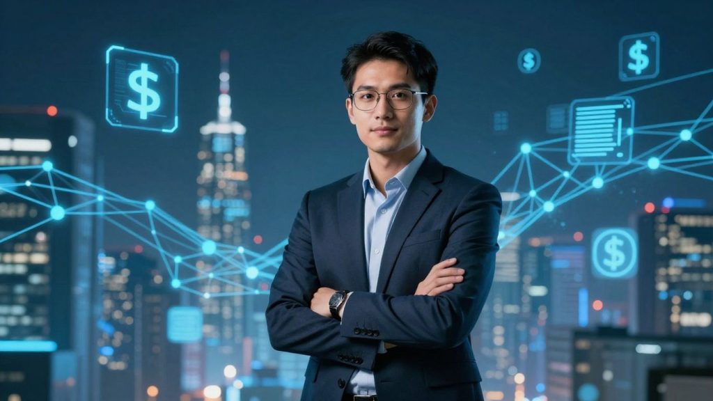 Blockchain developer in front of futuristic city and digital currency symbols.