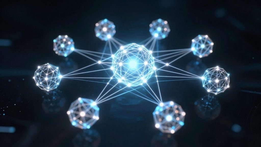 Interconnected digital nodes in a network.