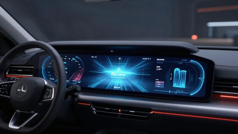 Futuristic car dashboard with holographic 3D display.