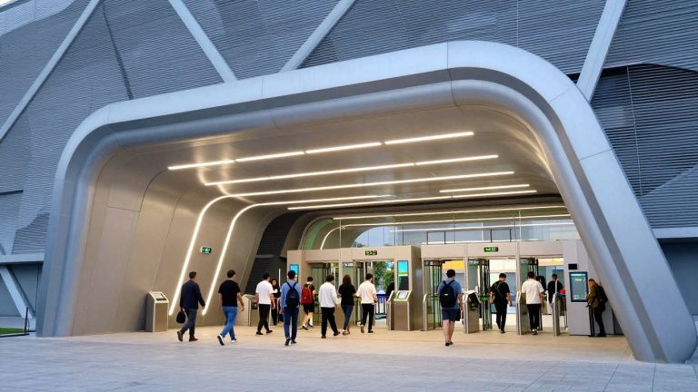 Advanced screening technology at stadium entrance.