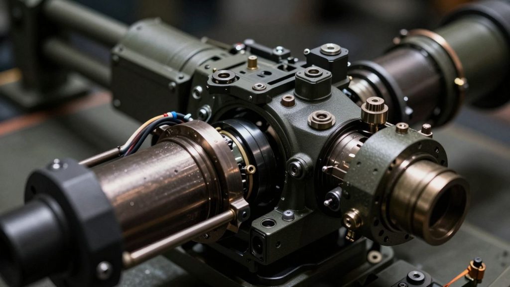 Close-up of advanced military weapon component.