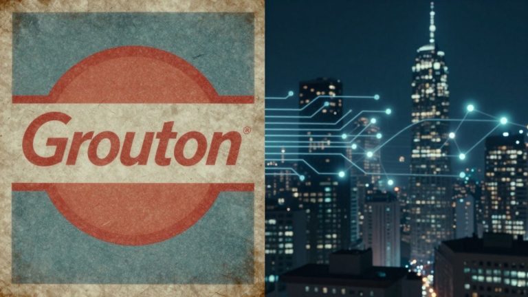 Groupon logo evolving into modern AI cityscape.
