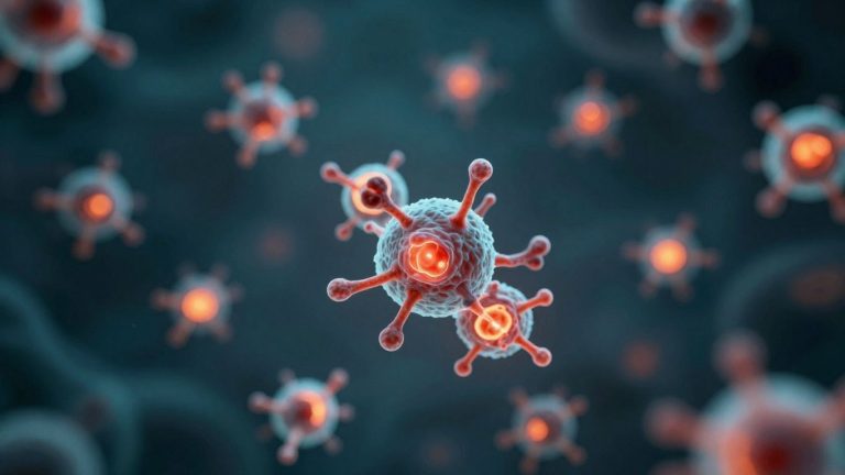 Magnetic nanoparticles heating cancer cells for treatment.