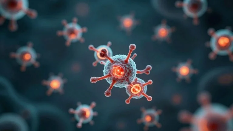 Magnetic nanoparticles heating cancer cells for treatment.