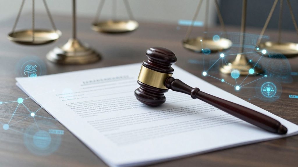 Supreme Court gavel and digital conflict of interest software interface.