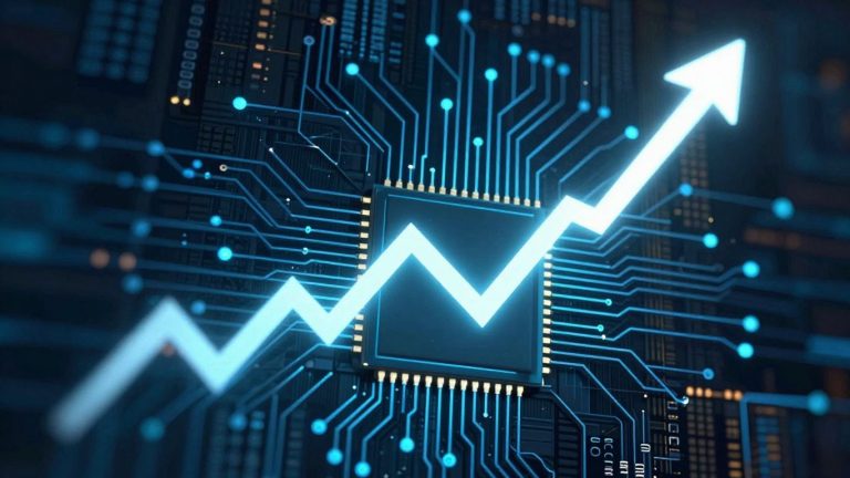 Stock chart soaring upwards with glowing microchip background.