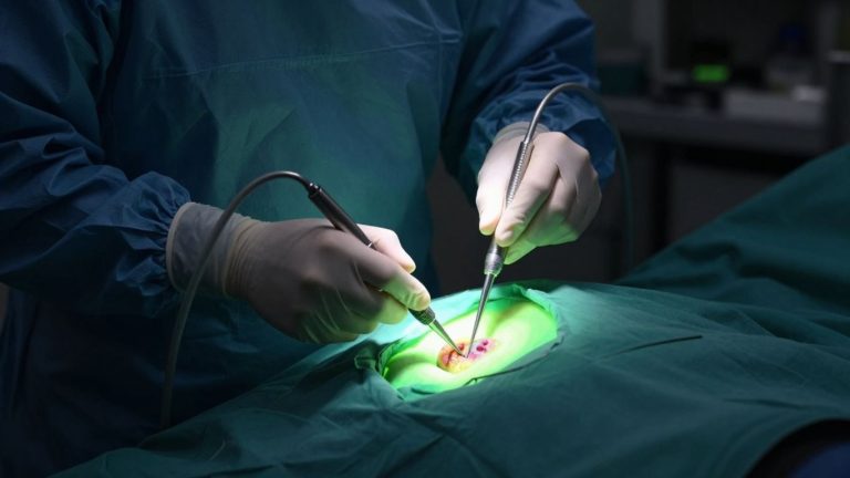 Surgeon uses fluorescent technology in cancer surgery.