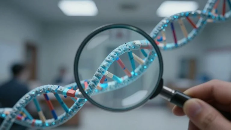 DNA helix and magnifying glass over courthouse background.