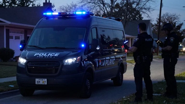 FBI van with flashing lights on suburban street.