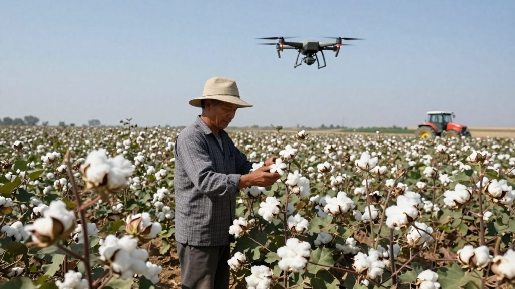 Farmer, drone, and tractor in a cotton field.