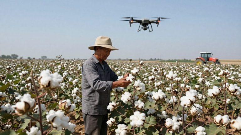 Farmer, drone, and tractor in a cotton field.