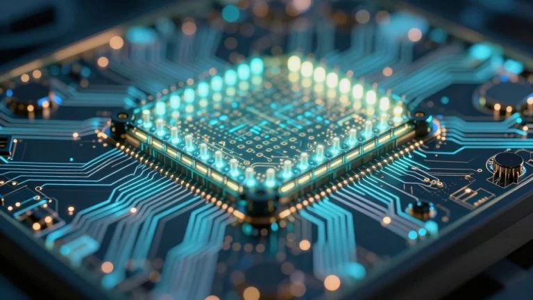 MicroLED display panel with glowing pixels and circuitry.