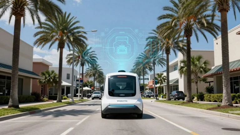 Waymo car driving in Orlando with AI overlay
