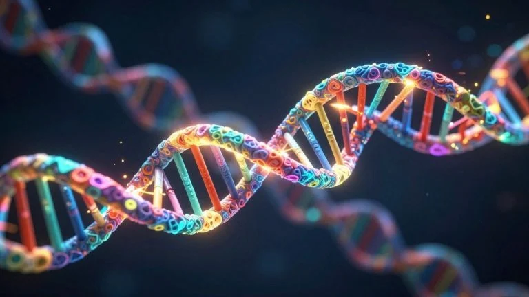 3D DNA double helix structure with glowing internal framework.