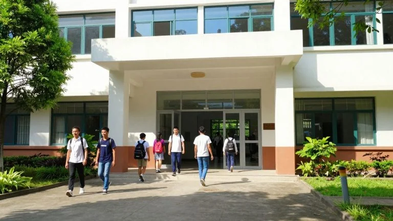 Hawaiʻi Technology Academy school building entrance with students.