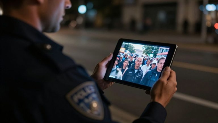 Police officer holding tablet with blurred crowd image.