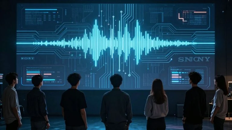 AI music tracker interface with creators and Sony logo