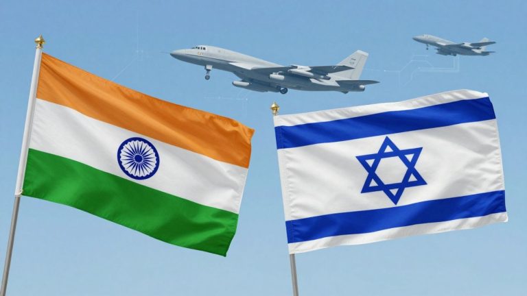 India and Israel flags with defense and tech imagery.