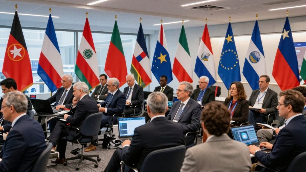 Global leaders at AI summit discussing technology and alliances.