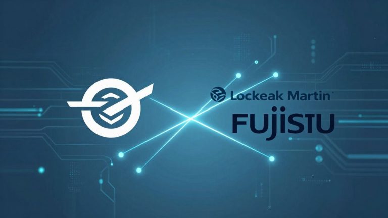Lockheed Martin and Fujitsu logos connected by glowing lines.