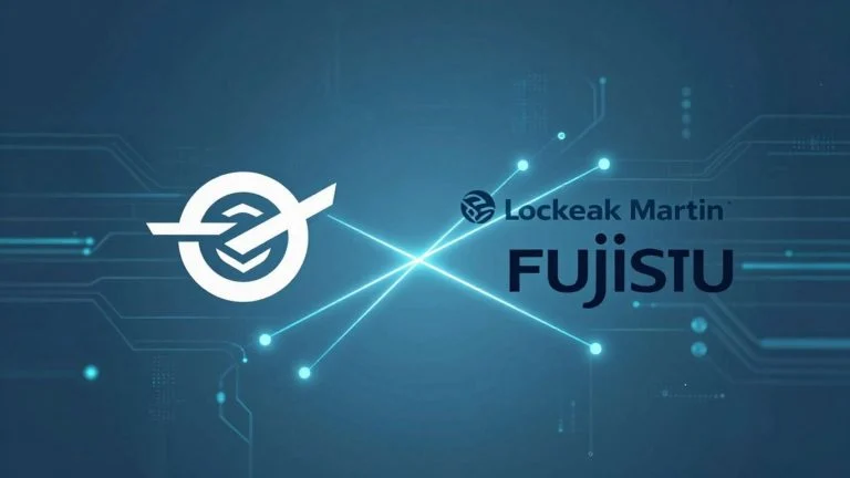 Lockheed Martin and Fujitsu logos connected by glowing lines.