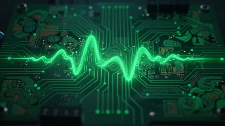 Analog AI circuit board with green energy and Chinese motifs.