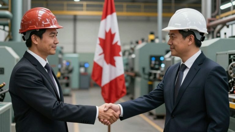 Business handshake with industrial background and flags.