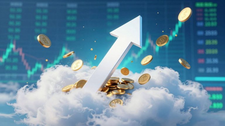 Upward arrow with cascading coins, symbolizing financial success.