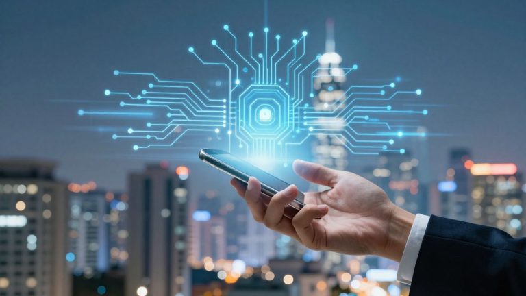 Person reaching forward with futuristic technology