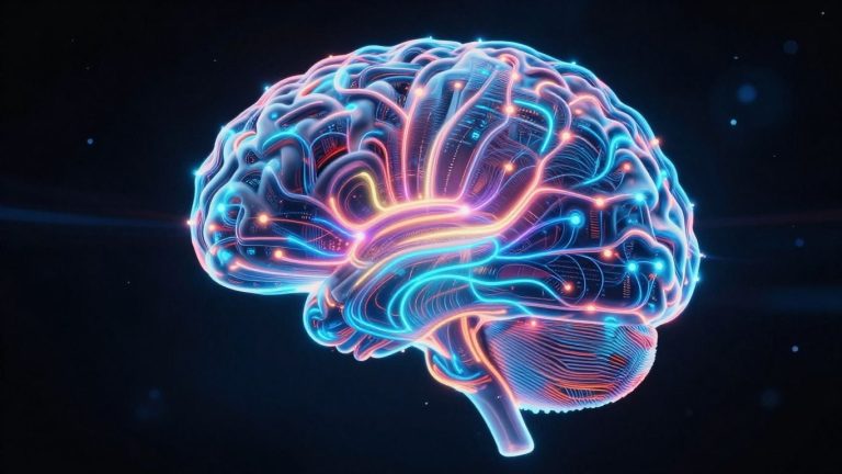 Futuristic glowing AI brain with colorful light trails.