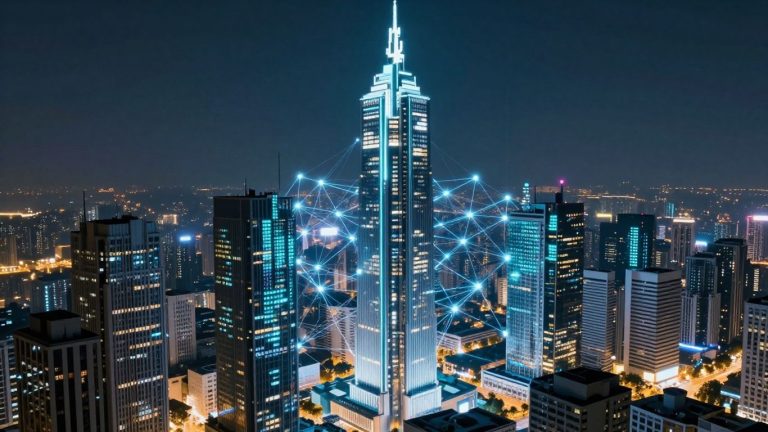 Futuristic cityscape with glowing blockchain network lines.